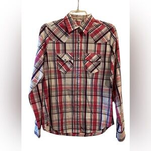 Wired Heart Western Rhinestone Snap Pink White Purple Gray Plaid Women’s Medium